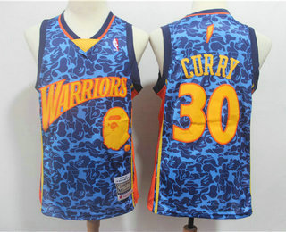 Men's Golden State Warriors #30 Stephen Curry Blue Mitchell & Ness x BAPE Yellow Swingman Jersey