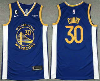 Men's Golden State Warriors #30 Stephen Curry Blue With No 6 Patch Stitched Jersey