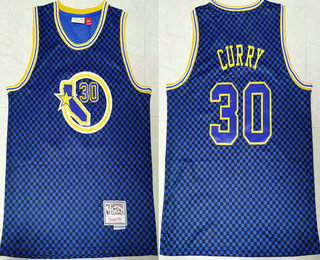 Men's Golden State Warriors #30 Stephen Curry Checkerboard Royal Blue Hardwood Classics Soul Swingman Throwback Jersey