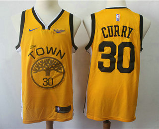 Men's Golden State Warriors #30 Stephen Curry Yellow Nike Swingman 2018 playoffs Earned Edition Stitched Jersey With The Sponsor Logo