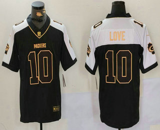 Men's Green Bay Packers #10 Jordan Love Black Gold 2024 FUSE Home Patch Vapor Limited Stitched Jersey