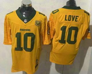 Men's Green Bay Packers #10 Jordan Love Gold 2024 FUSE 13 Time World Champions And Home Patch Vapor Limited Stitched Jersey