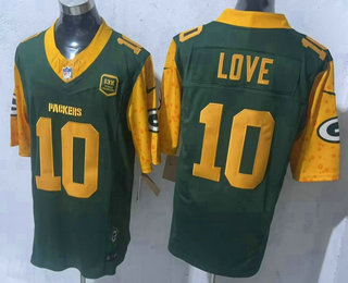 Men's Green Bay Packers #10 Jordan Love Green 2024 FUSE 13 Time World Champions And Home Patch Vapor Limited Stitched Jersey