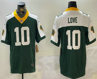 Men's Green Bay Packers #10 Jordan Love Green White 2023 FUSE Home Patch Vapor Limited Stitched Jersey