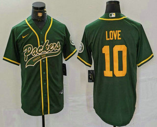 Men's Green Bay Packers #10 Jordan Love Green With Patch Cool Base Stitched Baseball Jersey