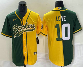 Men's Green Bay Packers #10 Jordan Love Green Yellow Split With Patch Cool Base Stitched Baseball Jersey