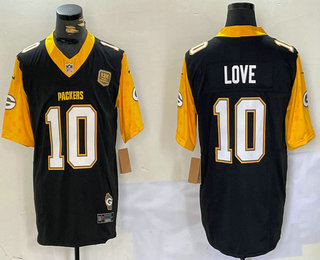 Men's Green Bay Packers #10 Jordan Love Limited Black Yellow 13 X World Champions FUSE Vapor Jersey