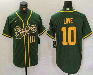 Men's Green Bay Packers #10 Jordan Love Number Green With Patch Cool Base Stitched Baseball Jersey