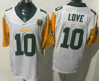 Men's Green Bay Packers #10 Jordan Love White 2024 FUSE 13 Time World Champions And Home Patch Vapor Limited Stitched Jersey