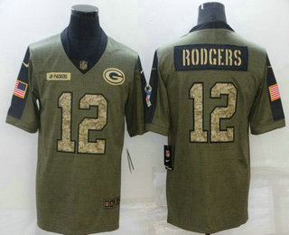 Men's Green Bay Packers #12 Aaron Rodgers 2021 Olive Camo Salute To Service Limited Stitched Jersey