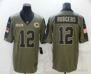 Men's Green Bay Packers #12 Aaron Rodgers 2021 Olive Salute To Service Limited Stitched Jersey