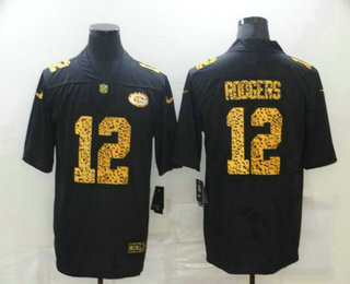 Men's Green Bay Packers #12 Aaron Rodgers Black 2020 Nike Flocked Leopard Print Vapor Limited NFL Jersey