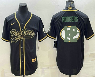 Men's Green Bay Packers #12 Aaron Rodgers Black Team Big Logo With Patch Cool Base Stitched Baseball Jersey