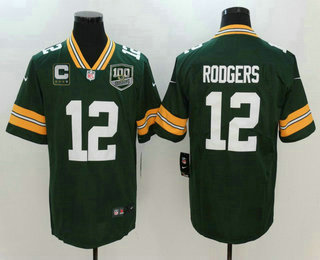 Men's Green Bay Packers #12 Aaron Rodgers Green C Patch With 100 Seasons Patch 2017 Vapor Untouchable Stitched NFL Nike Limited Jersey