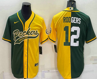 Men's Green Bay Packers #12 Aaron Rodgers Green Yellow Split With Patch Cool Base Stitched Baseball Jersey