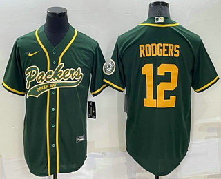 Men's Green Bay Packers #12 Aaron Rodgers Green Yellow Stitched MLB Cool Base Nike Baseball Jersey