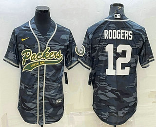 Men's Green Bay Packers #12 Aaron Rodgers Grey Camo With Patch Cool Base Stitched Baseball Jersey