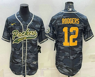 Men's Green Bay Packers #12 Aaron Rodgers Grey Gold Camo With Patch Cool Base Stitched Baseball Jersey