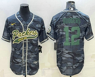 Men's Green Bay Packers #12 Aaron Rodgers Grey Green Camo With Patch Cool Base Stitched Baseball Jersey