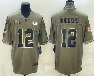 Men's Green Bay Packers #12 Aaron Rodgers Olive 2022 Salute To Service Limited Stitched Jersey