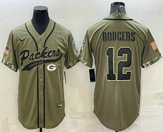 Men's Green Bay Packers #12 Aaron Rodgers Olive 2022 Salute to Service Cool Base Stitched Baseball Jersey