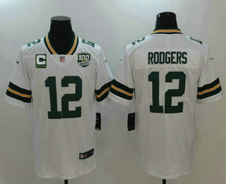 Men's Green Bay Packers #12 Aaron Rodgers White C Patch With 100 Seasons Patch 2017 Vapor Untouchable Stitched NFL Nike Limited Jersey