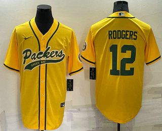 Men's Green Bay Packers #12 Aaron Rodgers Yellow Stitched MLB Cool Base Nike Baseball Jersey