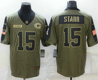 Men's Green Bay Packers #15 Bart Starr 2021 Olive Salute To Service Limited Stitched Jersey