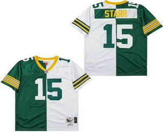 Men's Green Bay Packers #15 Bart Starr Green White Split 1969 Throwback Jersey