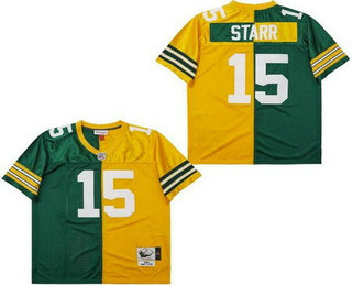 Men's Green Bay Packers #15 Bart Starr Green Yellow Split 1969 Throwback Jersey