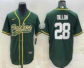 Men's Green Bay Packers #28 AJ Dillon Green With Patch Cool Base Stitched Baseball Jersey