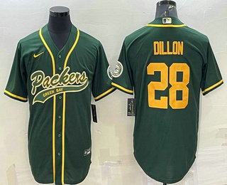 Men's Green Bay Packers #28 AJ Dillon Green Yellow With Patch Cool Base Stitched Baseball Jersey