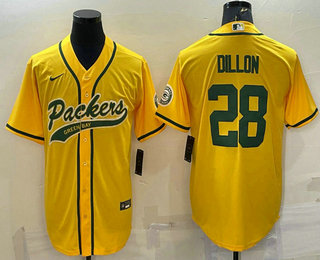 Men's Green Bay Packers #28 AJ Dillon Yellow With Patch Cool Base Stitched Baseball Jersey