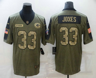 Men's Green Bay Packers #33 Aaron Jones 2021 Olive Salute To Service Golden Limited Stitched Jersey