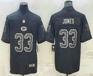 Men's Green Bay Packers #33 Aaron Jones Black Reflective Limited Stitched Football Jersey