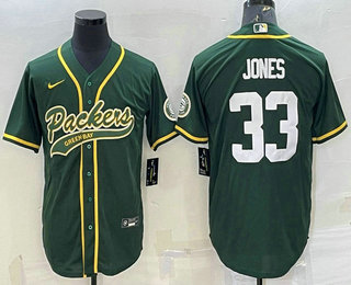 Men's Green Bay Packers #33 Aaron Jones Green With Patch Cool Base Stitched Baseball Jersey