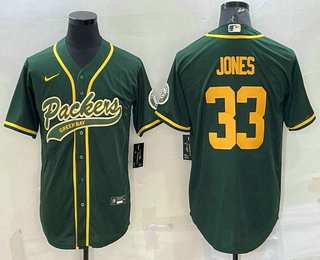 Men's Green Bay Packers #33 Aaron Jones Green Yellow With Patch Cool Base Stitched Baseball Jersey