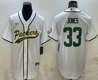 Men's Green Bay Packers #33 Aaron Jones White With Patch Cool Base Stitched Baseball Jersey