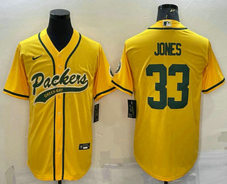 Men's Green Bay Packers #33 Aaron Jones Yellow With Patch Cool Base Stitched Baseball Jersey