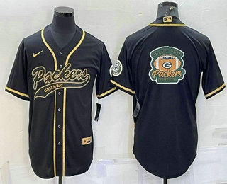 Men's Green Bay Packers Black Gold Team Big Logo With Patch Cool Base Stitched Baseball Jersey