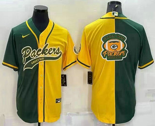 Men's Green Bay Packers Blank Green Yellow Split Team Big Logo With Patch Cool Base Stitched Baseball Jersey