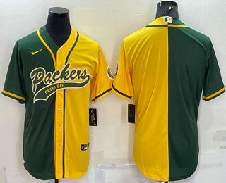 Men's Green Bay Packers Blank Green Yellow Split With Patch Cool Base Stitched Baseball Jersey