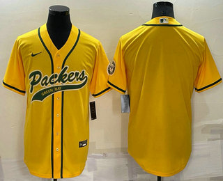 Men's Green Bay Packers Blank Yellow Stitched MLB Cool Base Nike Baseball Jersey