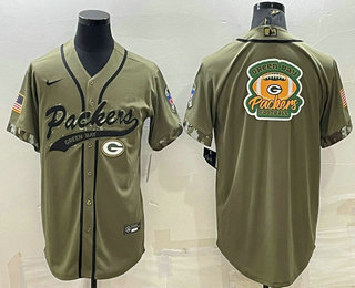 Men's Green Bay Packers Olive Salute to Service Team Big Logo Cool Base Stitched Baseball Jersey