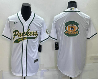 Men's Green Bay Packers White Team Big Logo With Patch Cool Base Stitched Baseball Jersey