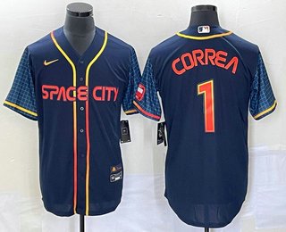 Men's Houston Astros #1 Carlos Correa 2022 Navy Blue City Connect Cool Base Stitched Jersey