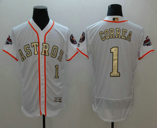 Men's Houston Astros #1 Carlos Correa White with Gold Home Stitched MLB 2017 World Series Champions Patch Flex Base Jersey