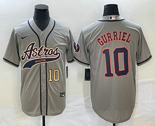 Men's Houston Astros #10 Yuli Gurriel Number Grey With Patch Cool Base Stitched Baseball Jersey