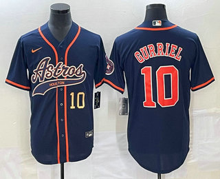 Men's Houston Astros #10 Yuli Gurriel Number Navy Blue With Patch Cool Base Stitched Baseball Jersey