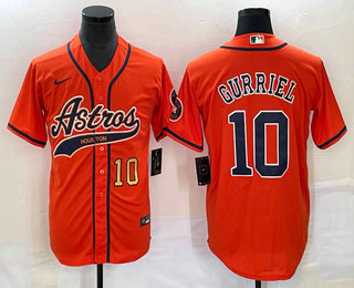 Men's Houston Astros #10 Yuli Gurriel Number Orange With Patch Cool Base Stitched Baseball Jersey